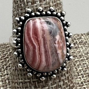 New Pink Rhodochrosite Stone Silver Overlay Ring Size 9.25